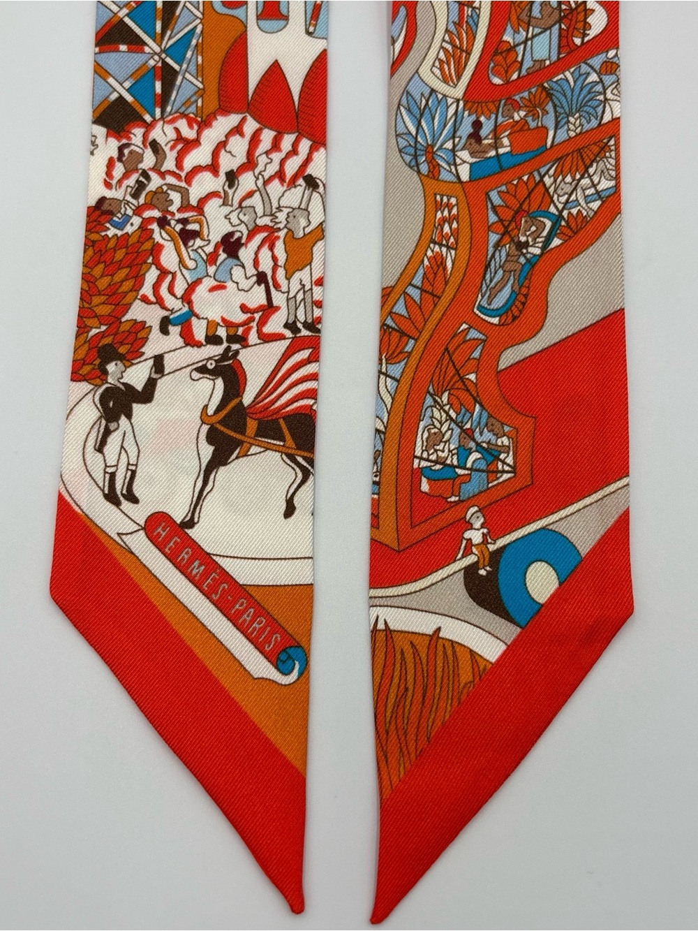 Hermes Splash Park Twilly Scarf Orange White Blue Multicolor Skinny Ribbon Wrap - Picture 3 of 6